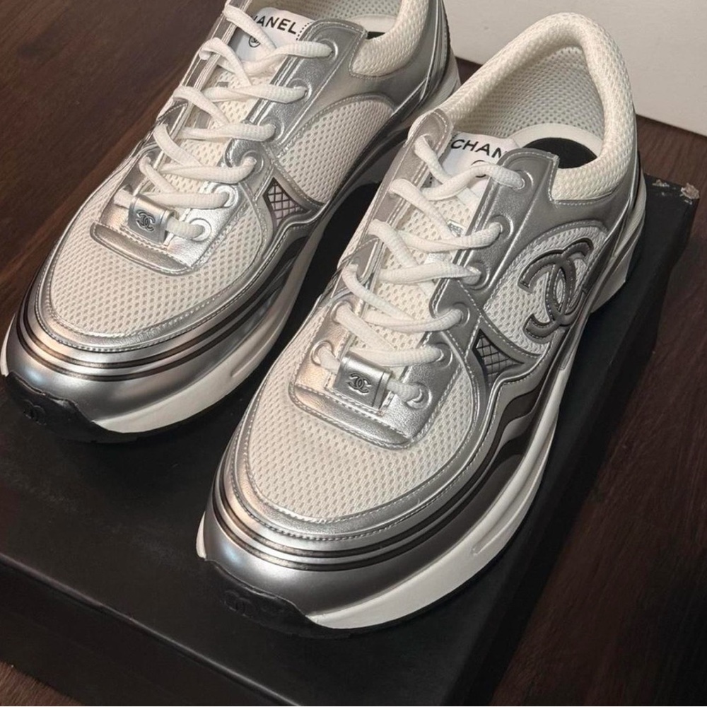 CHANEL Silver & White Mesh CC Trainer Sneakers